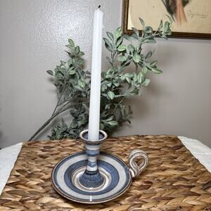 MCM Studio Pottery Chamberstick Blue Gray Stoneware Candle Holder Vintage